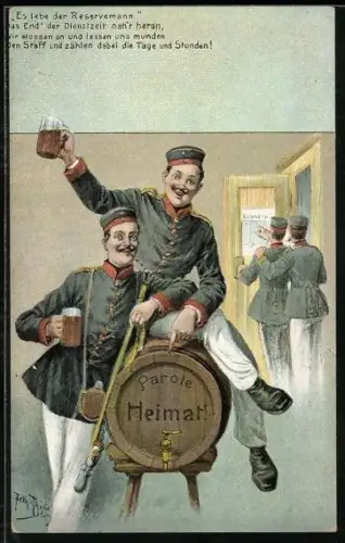 Künstler-AK Arthur Thiele: Reservisten betrinken sich und reiten ein Fass Bier