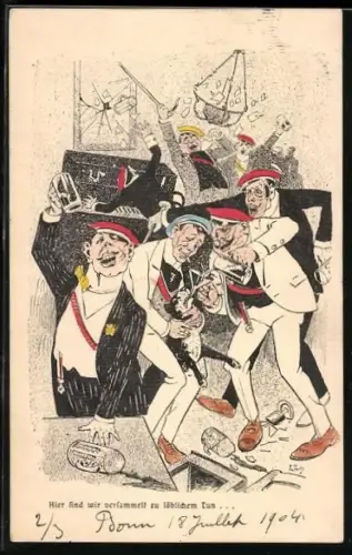 Künstler-AK betrunkene Burschenschafter flössen einem Hund Bier ein, studentische Szene