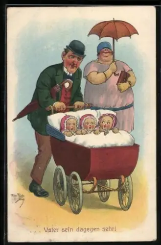 Künstler-AK Arthur Thiele: Tout pour l`amour!, Mann schiebt den Kinderwagen