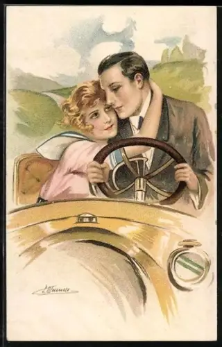 Künstler-AK Suzanne Meunier: Amours, Delices et Autos, Junges Paar kuschelnd im Auto