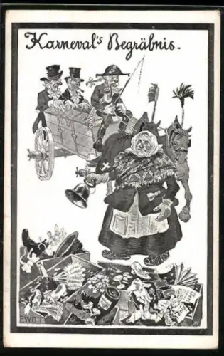 Künstler-AK F. Witt: Alte Dame steht vor dem Karnevalsmüll