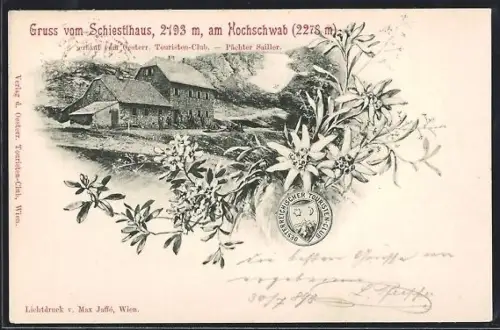 Lithographie Schiestlhaus, Berghütte am Hochschwab, Pächter Sailler