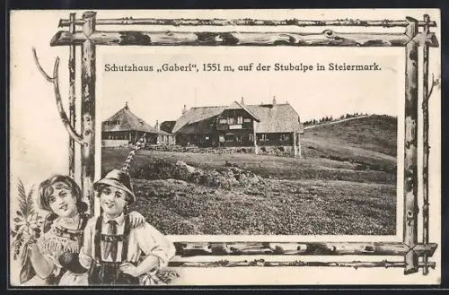 AK Schutzhaus Gaberl auf der Stubalpe in Steiermark, Pärchen mit Alpenbumen, Passepartout