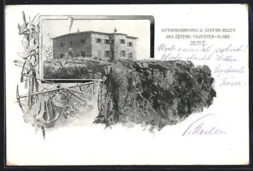 AK Rittnerhornhaus der Sektion Bozen des Österr. Touristen-Klubs, Bergsteigerausrüstung, Passepartout