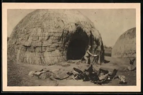 AK Kleinkind beim Füttern der Hennen vor einer Strohhütte, afrikanische Volkstypen