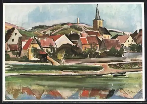 Künstler-AK Klein Ochsenfurt am Main, Ortsansicht mit Kirche und Mainufer