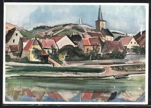 Künstler-AK Klein-Ochsenfurt am Main, Ortsansicht mit Kirche und Mainufer