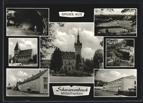 AK Schwarzenbruck /Mittelfranken, Schloss, Kirche, verschiedene Ortsansichten