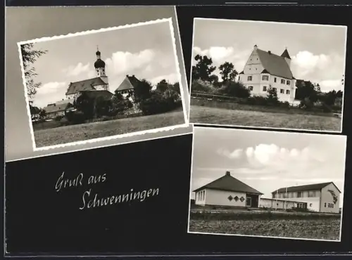 AK Schwenningen üb. Dillingen, Ansicht der Kirche, Schloss, Schule