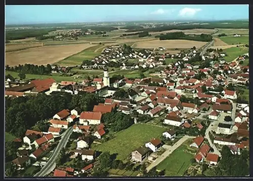 AK Kühbach, Luftaufnahme des Ortes mit Kirche und umliegender Landschaft