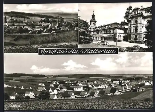 AK Au i. d. Hallertau, Schloss, Siedlung, Ortsansicht mit Hopfenplantage