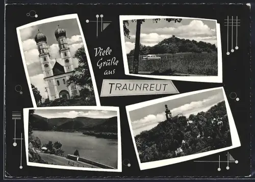 AK Traunreut, Kirche, Landschaft, verschiedene Ortsansichten