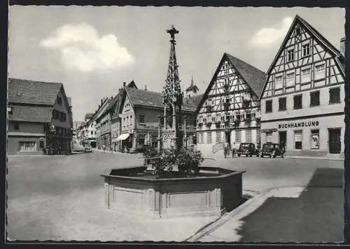 AK Ebingen /Württ., Postbrunnen, Fachwerkhäuser, Buchhandlung