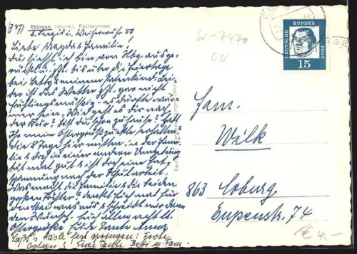 AK Ebingen /Württ., Postbrunnen, Fachwerkhäuser, Buchhandlung