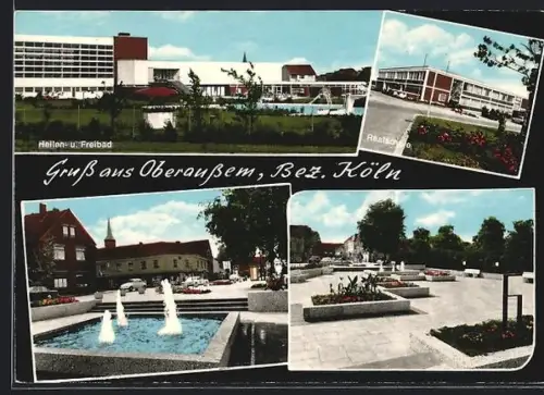 AK Oberaussem /Köln, Hallen- und Freibad, Realschule, Brunnenanlage