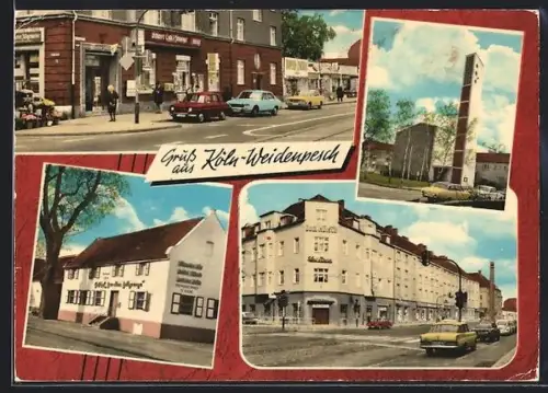 AK Köln-Weidenpesch, Kirche, Strassenansichten mit Wohngebäuden und Geschäften