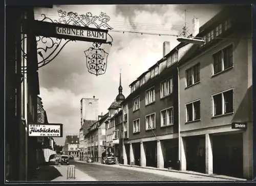AK Crailsheim, Lange Strasse, Gasthaus Grüner Baum, Feinbäckerei E. Batz, Abstein