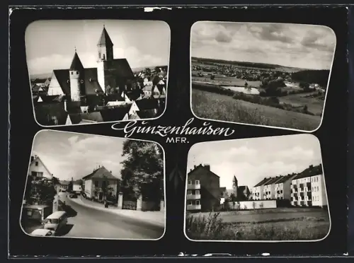 AK Gunzenhausen /Mfr., Kirche, Ortsansicht, Wohnhäuser