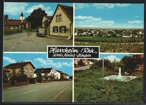 AK Harxheim /Rhh., Kreis Mainz-Bingen, Ortsansichten, Kirche, Brunnen, Weinberge