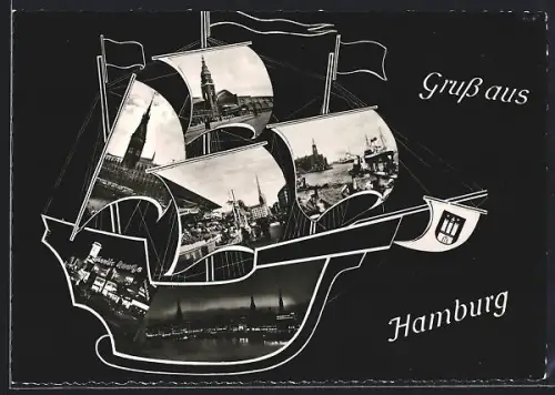 AK Hamburg, Rathaus, Michel, Binnenalster, Landungsbrücken, Reeperbahn