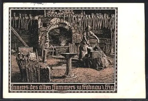 AK Frohnau i. Erz., Inneres des alten Hammers, Schmied bei der Arbeit