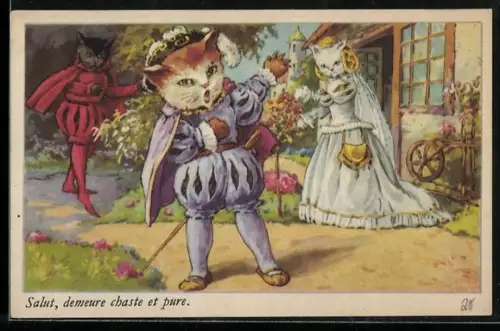 AK Katze in Hofkleidung singt ein Loblied auf eine Katzendame und ihre Tugend