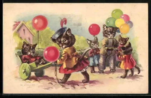 Künstler-AK Katzen in Menschenkleidung mit Luftballons