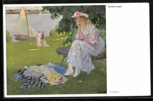 Künstler-AK Edward Cucuel: Frau im Kleid auf Bank an einem Sommertag