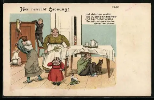 Künstler-AK Bruno Bürger & Ottillie Nr. 6966: Hier herrscht Ordnung!, Hausherrin greift mit Teppichklopfer durch