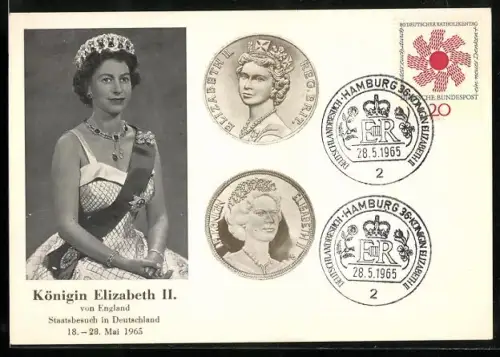 AK Porträt von Königin Elizabeth II. bei ihrem Staatsbesuch in Deutschland 1965, daneben Geldstücke mit ihrem Bildnis