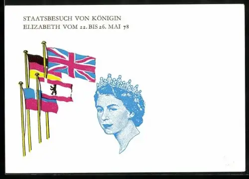 AK Königin Elizabeth II. von England zu ihrem Staatsbesuch in Deutschland, mit Union Jack und Flagge der BRD