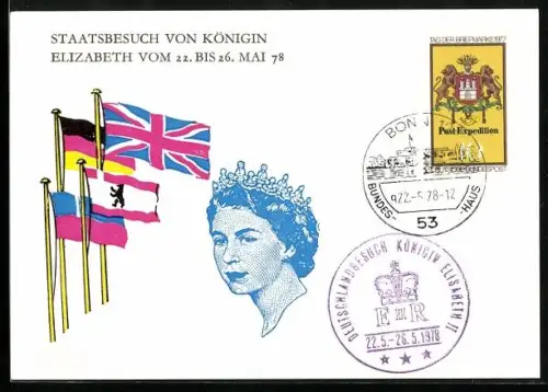 AK Königin Elizabeth II. anlässlich ihres Staatsbesuchs in Deutschland 1965, mit Union Jack und Flagge der BRD