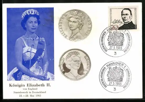 AK Königin Elizabeth II. anlässlich ihres Staatsbesuchs in Deutschland 1965, daneben Münzen mit ihrem Bildnis