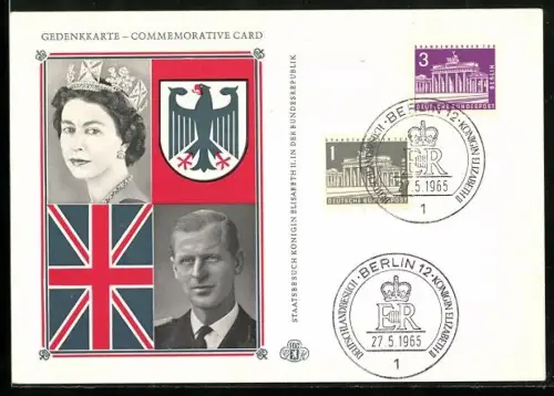AK Königin Elizabeth II. anlässlich ihres Staatsbesuchs in Deutschland 1965, mit Union Jack und Bundesadler