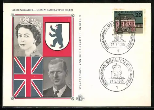 AK Königin Elizabeth mit Gatten, engl. Flagge und Berliner Wappen