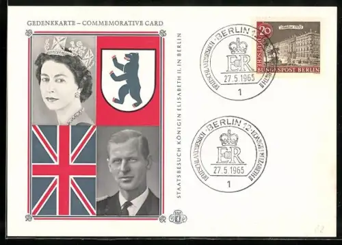 AK Königin Elizabeth II. anlässlich ihres Staatsbesuchs in Deutschland 1965, mit Berliner Bären und Union Jack