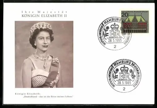 AK Königin Elizabeth II. mit Krone und Schärpe anlässlich ihres Staatsbesuchs in Deutschland 1965