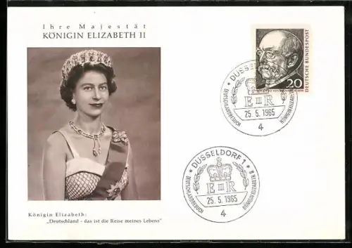 AK Königin Elizabeth II. mit Krone und Schärpe anlässlich ihres Staatsbesuchs in Deutschland 1965