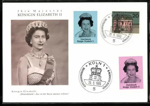 AK Königin Elizabeth II. mit Krone und Schärpe anlässlich ihres Staatsbesuchs in Deutschland 1965