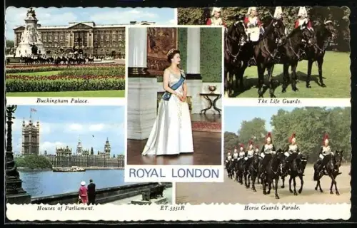 AK Königin Elizabeth II., Mit Buckingham Palace, Life Guards, House Guards and Houses of Parliament