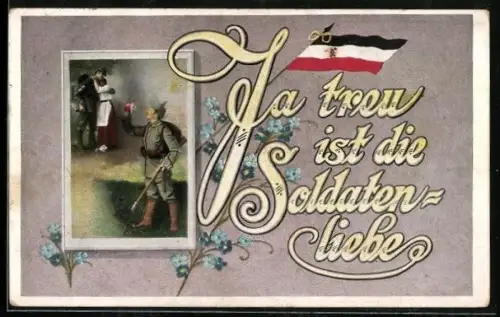 AK Soldat in Uniform mit Frau, Flagge, Soldatenliebe, Passepartout