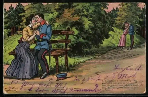 AK Soldatenparchen küssen sich im Wald, Soldatenliebe