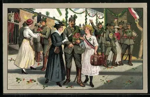 AK Soldat in Uniform mit zwei Frauen, Soldatenliebe