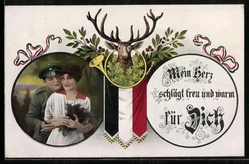AK Soldat in Uniform mit seiner Frau, Hirsch im Horn, Soldatenliebe