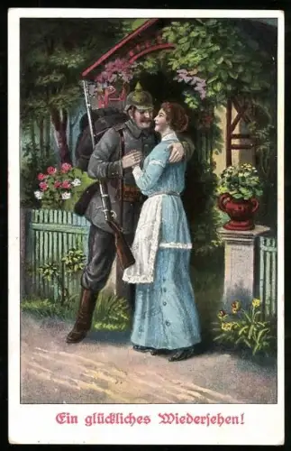 AK Soldat in Uniform umarmt seine Frau, Soldatenliebe