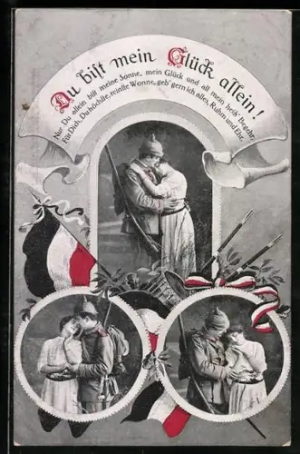 AK Soldat in Univorm umarmt Frau, Soldatenliebe