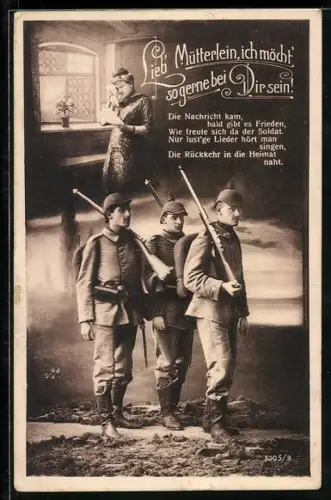 AK Soldaten in Uniform mit Pickelhaube, Frau mit Brief am Fenster, Soldatenliebe