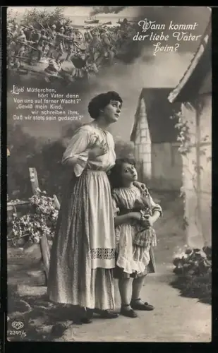 AK Frau mit Kind denkt an den Vater, Soldatenliebe