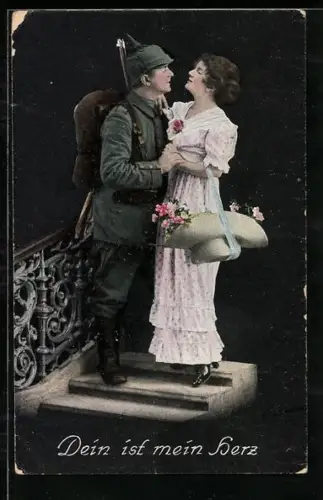 AK Soldat in Uniform mit seiner Frau, Soldatenliebe
