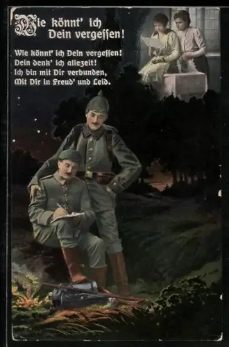 AK Zwei Soldaten schreiben nachts Briefe an die Frauen, Soldatenliebe